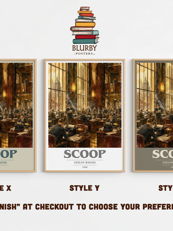 Scoop book cover print in frame leaning in hallway – satire wall art