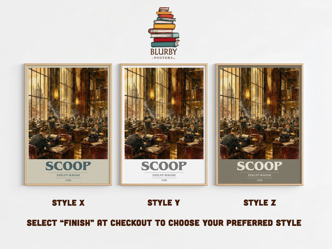 Scoop book cover print in frame leaning in hallway – satire wall art (mockup)