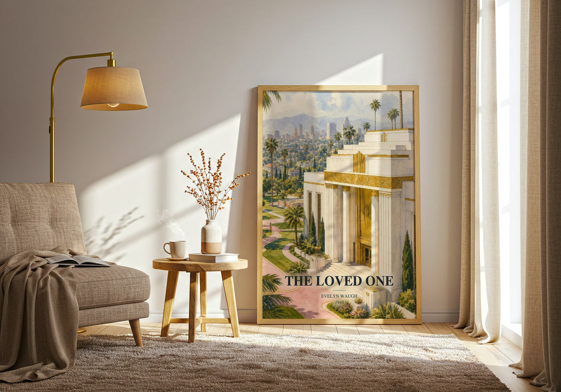 The Loved One watercolour print in frame leaning in hallway – satire wall art (mockup)