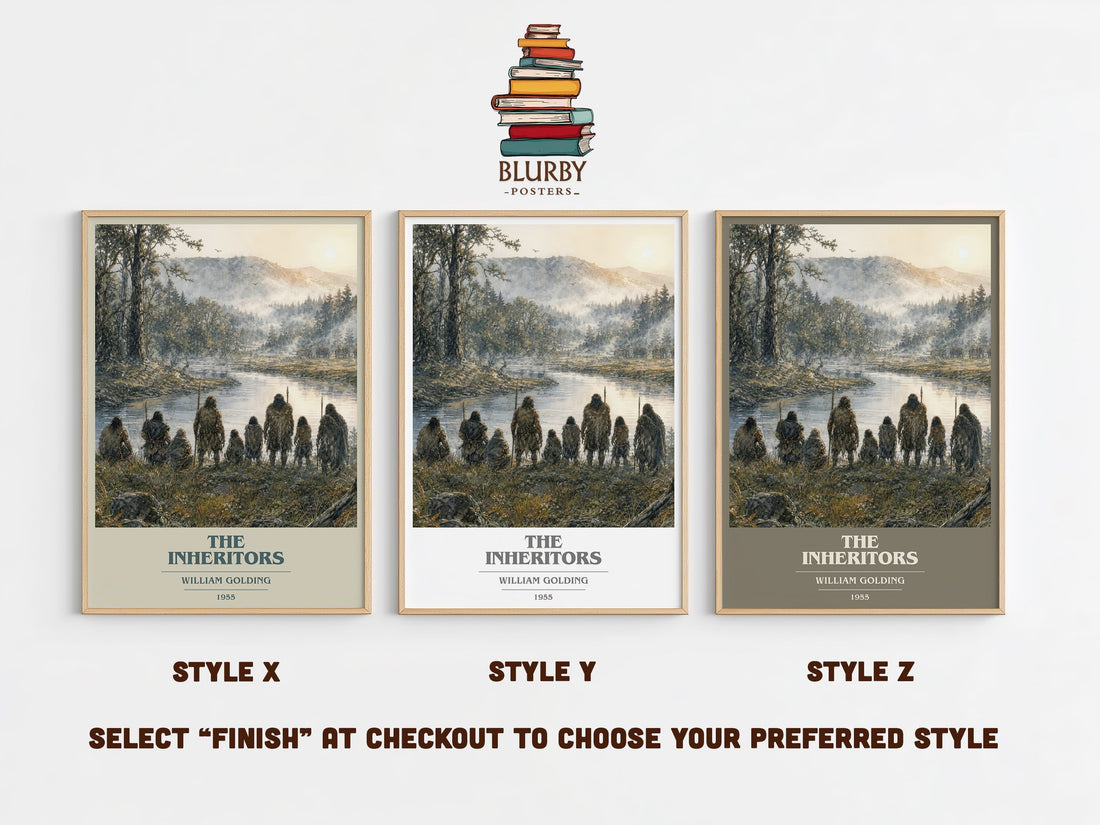 The Inheritors book cover print in frame leaning in hallway – literary fiction wall art (mockup)