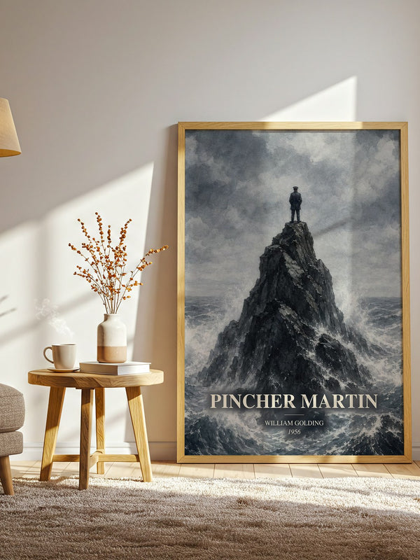 Pincher Martin watercolour print in frame leaning in hallway – literary fiction wall art