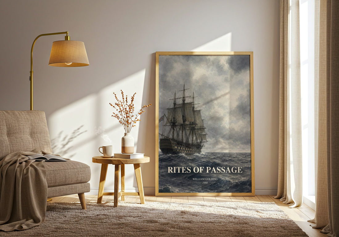 Rites of Passage watercolour print in frame leaning in hallway – literary fiction wall art (mockup)