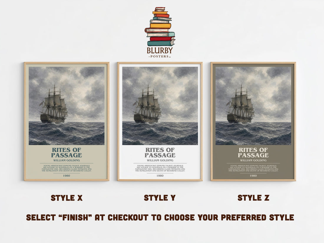 Rites of Passage bookish print in frame leaning in hallway – literary fiction wall art (mockup)