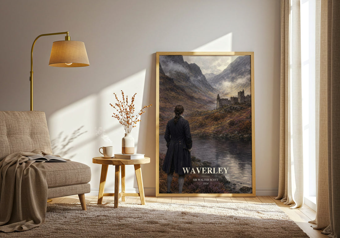 Waverley watercolour print in frame leaning in hallway – historical fiction wall art (mockup)