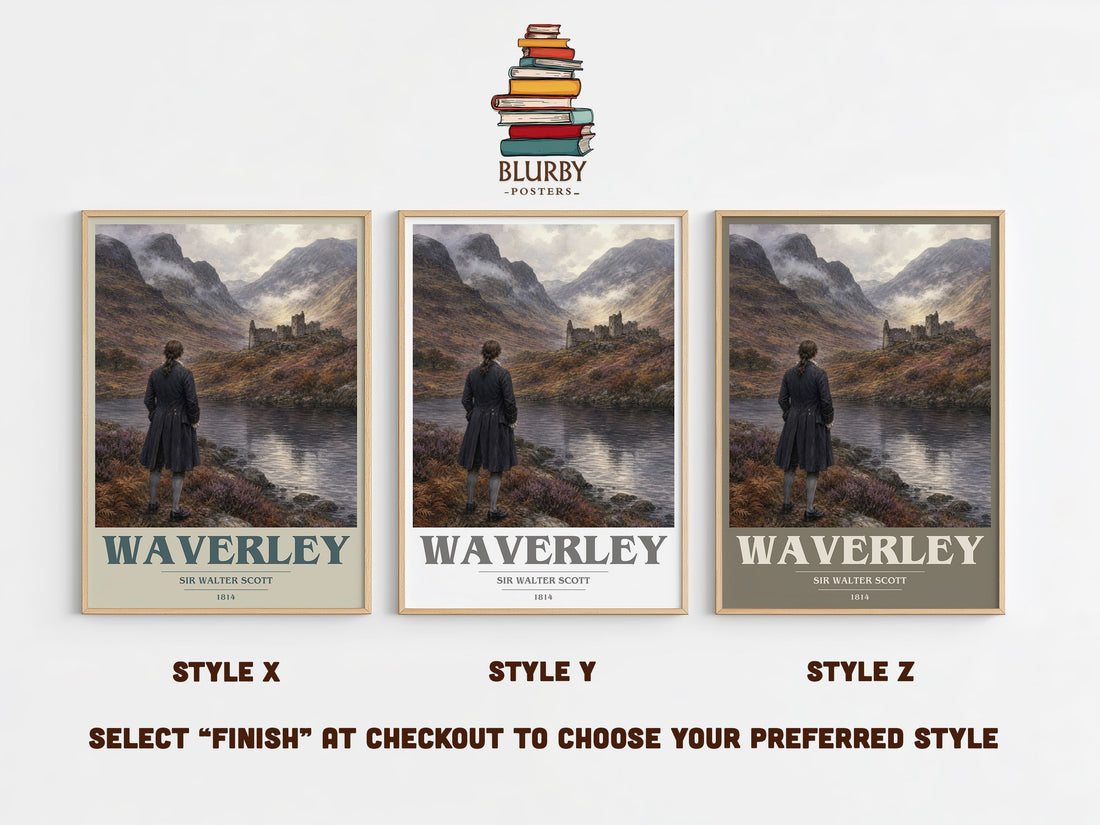 Waverley book cover print in frame leaning in hallway – historical fiction wall art (mockup)