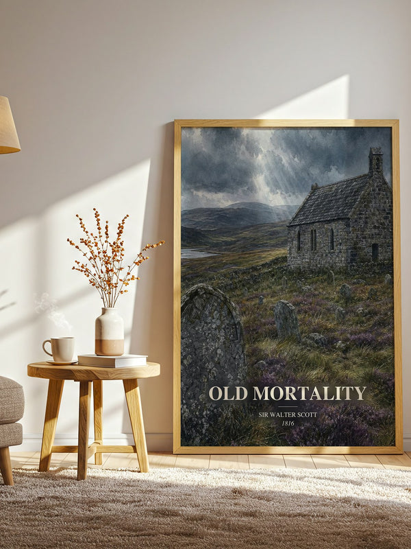 Old Mortality watercolour print in frame leaning in hallway – historical fiction wall art
