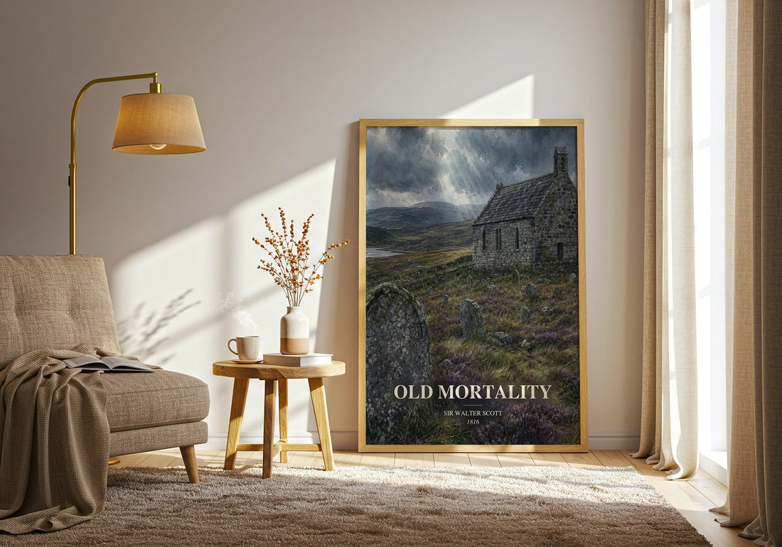 Old Mortality watercolour print in frame leaning in hallway – historical fiction wall art (mockup)