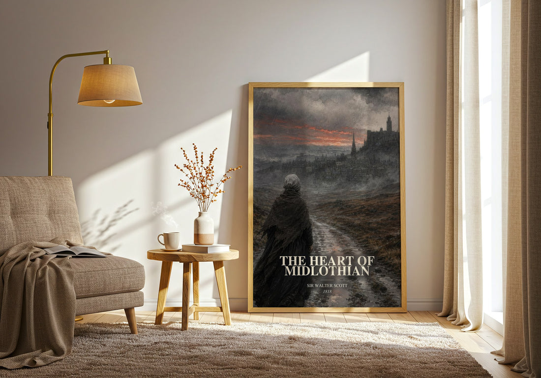 The Heart of Midlothian watercolour print in frame leaning in hallway – historical fiction wall art (mockup)