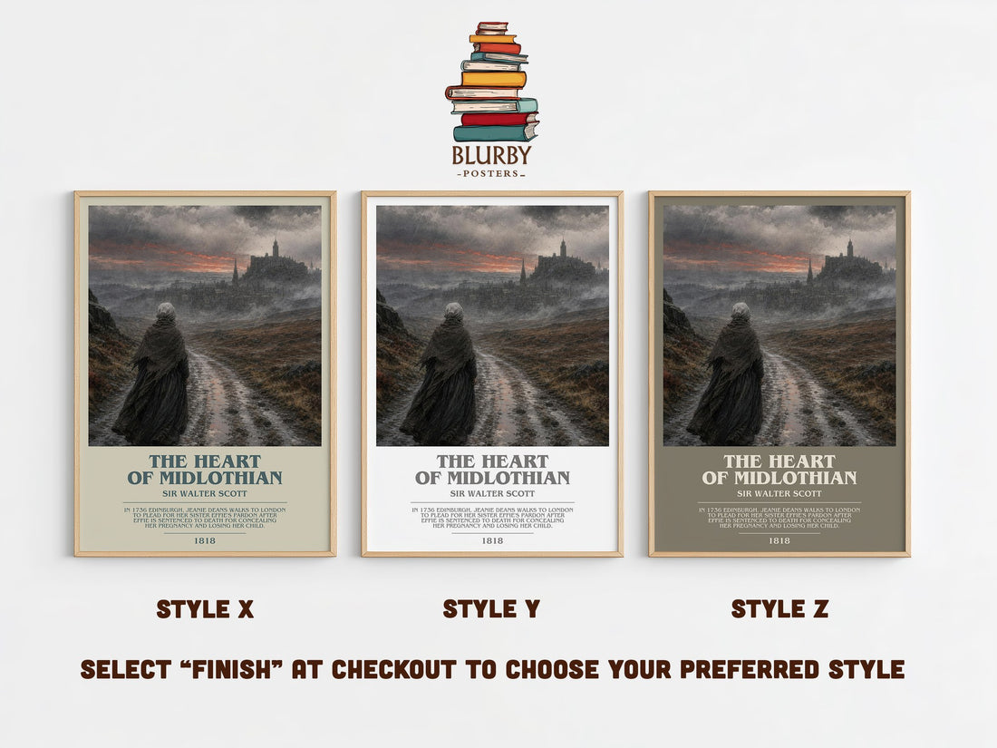 The Heart of Midlothian bookish print in frame leaning in hallway – historical fiction wall art (mockup)