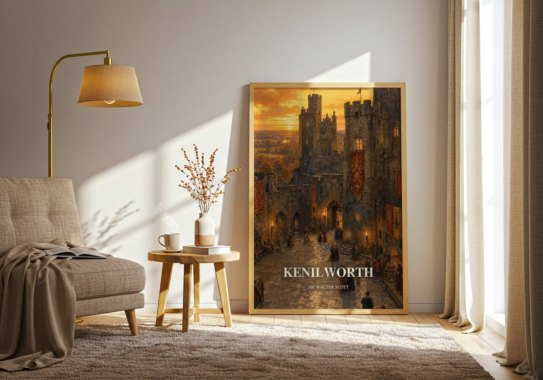 Kenilworth watercolour print in frame leaning in hallway – historical fiction wall art (mockup)