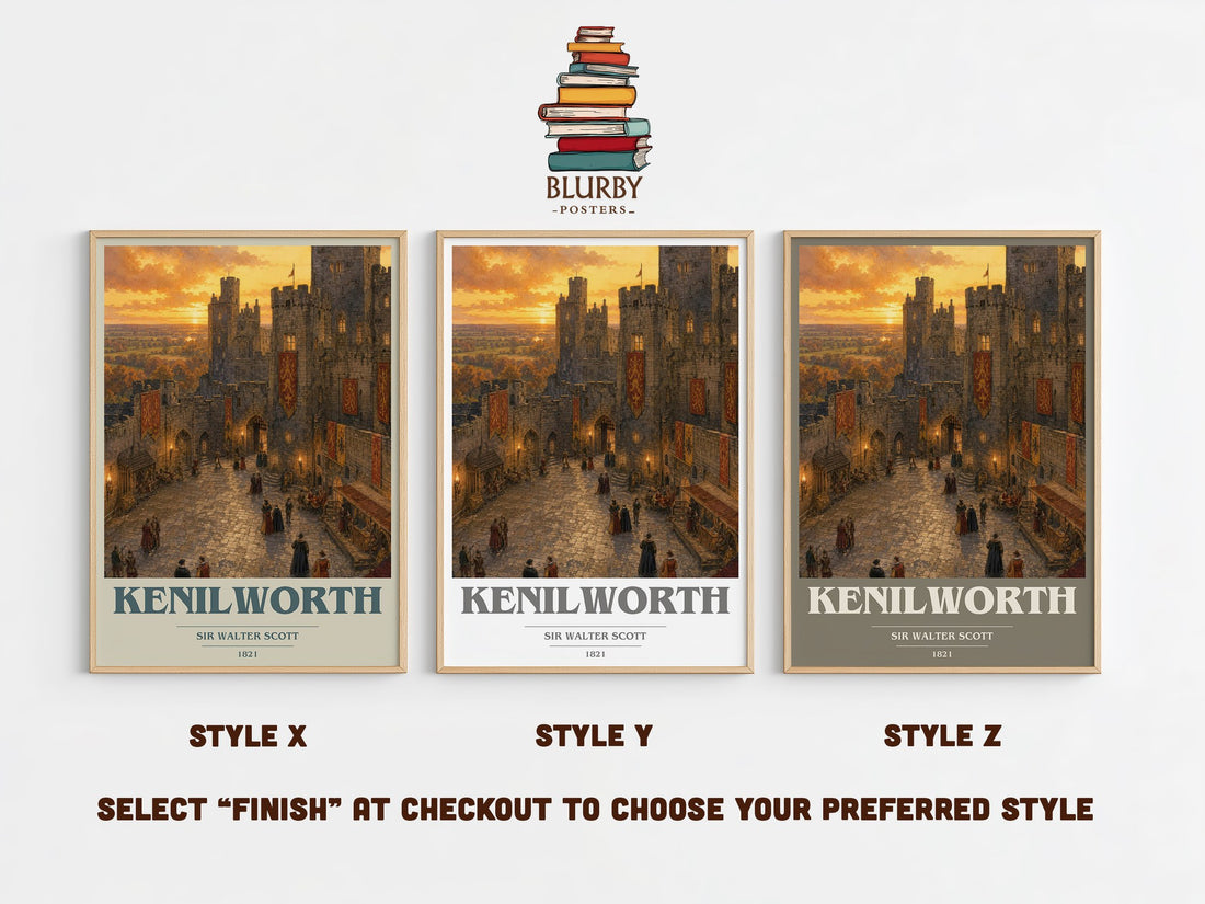 Kenilworth book cover print in frame leaning in hallway – historical fiction wall art (mockup)