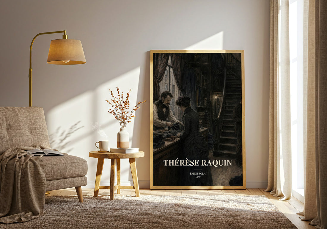Thérèse Raquin watercolour print in frame leaning in hallway – classic literature wall art (mockup)