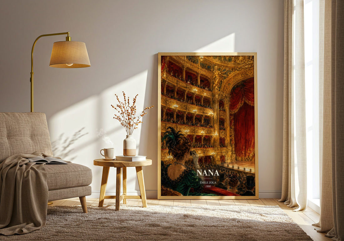 Nana watercolour print in frame leaning in hallway – classic literature wall art (mockup)