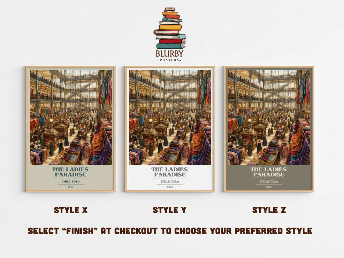 The Ladies' Paradise book cover print in frame leaning in hallway – classic literature wall art (mockup)