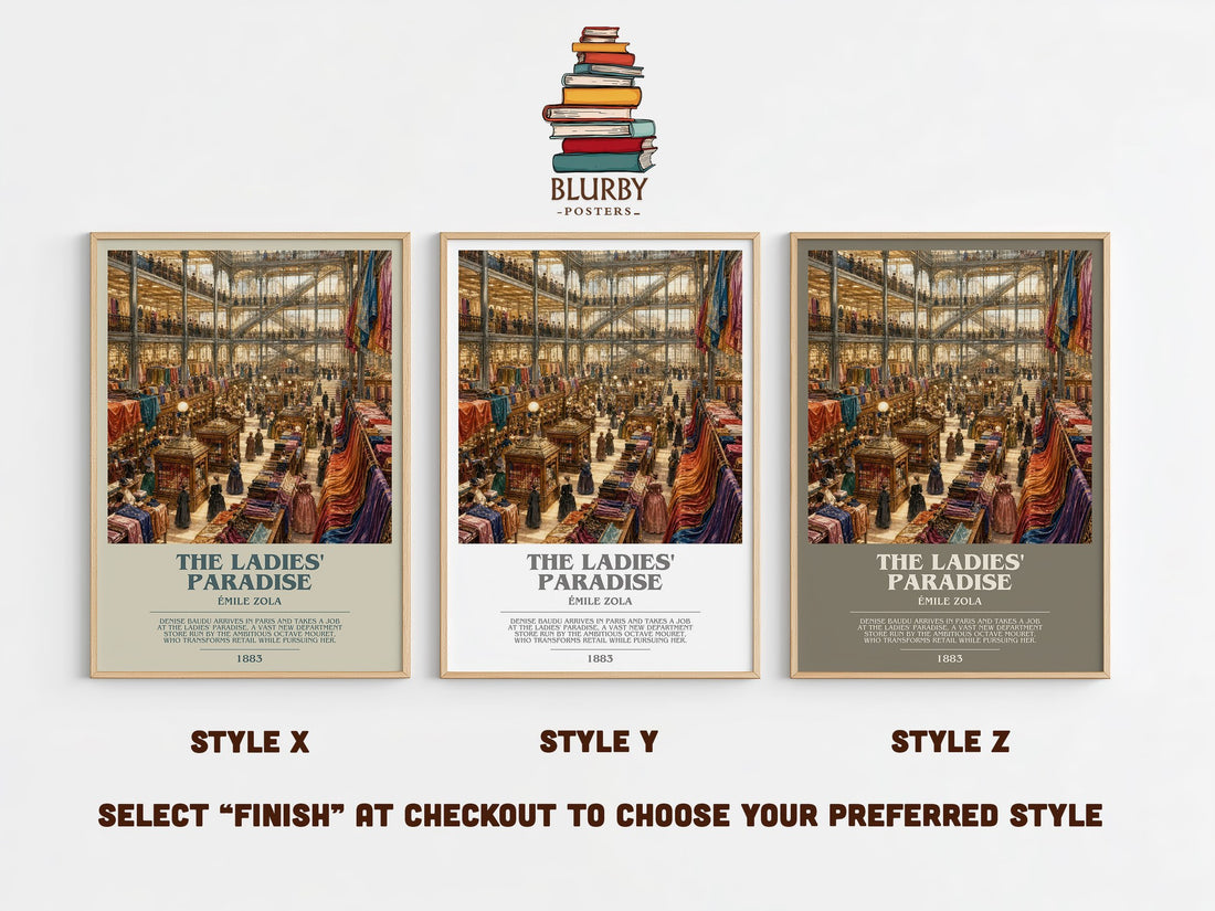 The Ladies' Paradise bookish print in frame leaning in hallway – classic literature wall art (mockup)