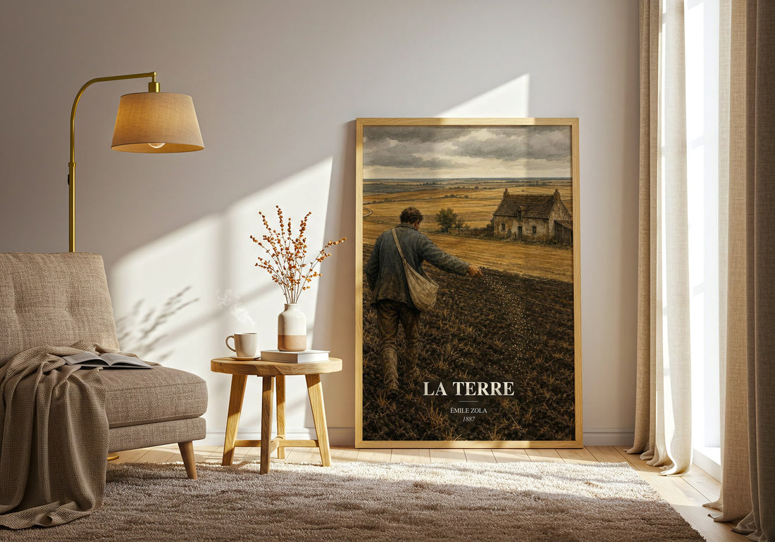La Terre watercolour print in frame leaning in hallway – literary fiction wall art (mockup)