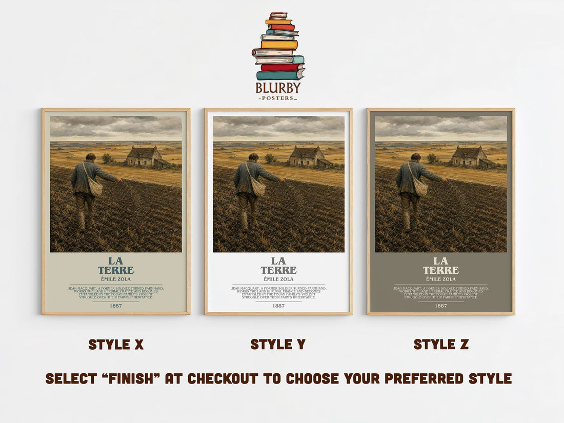 La Terre bookish print in frame leaning in hallway – literary fiction wall art (mockup)