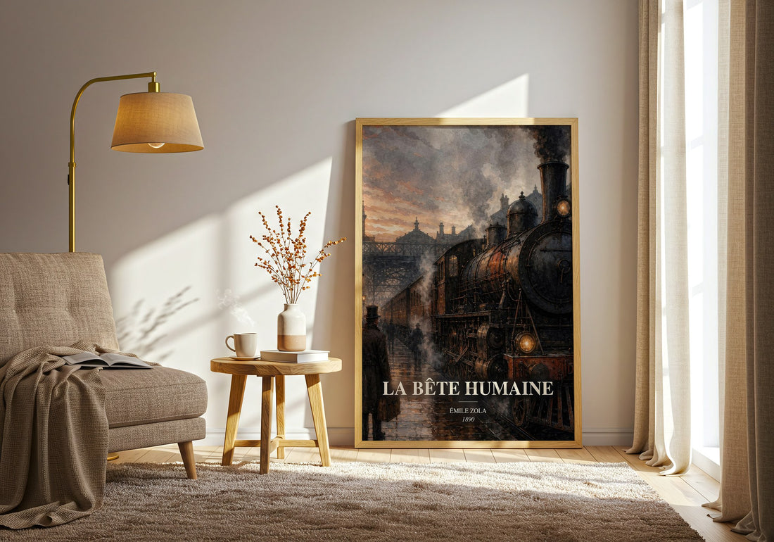 La Bête Humaine watercolour print in frame leaning in hallway – classic literature wall art (mockup)