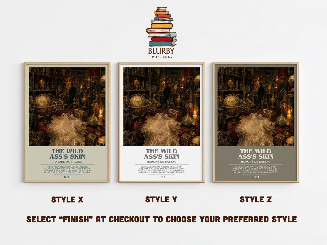 The Wild Ass's Skin bookish print in frame leaning in hallway – literary fiction wall art (mockup)