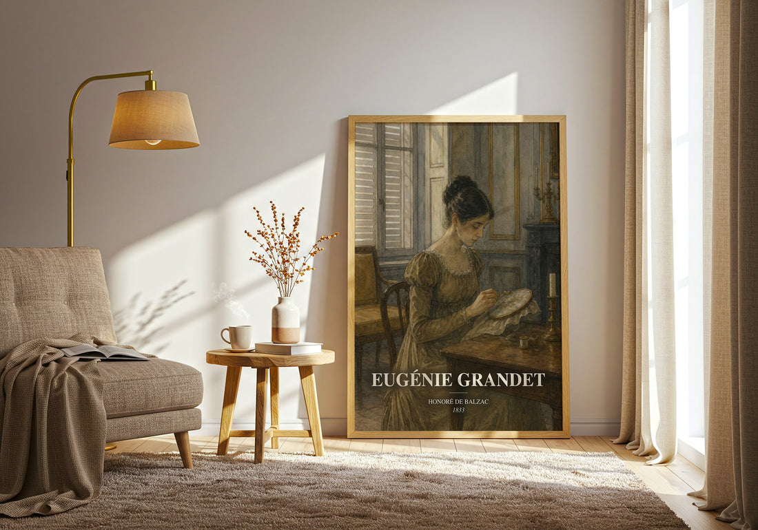Eugénie Grandet watercolour print in frame leaning in hallway – classic literature wall art (mockup)