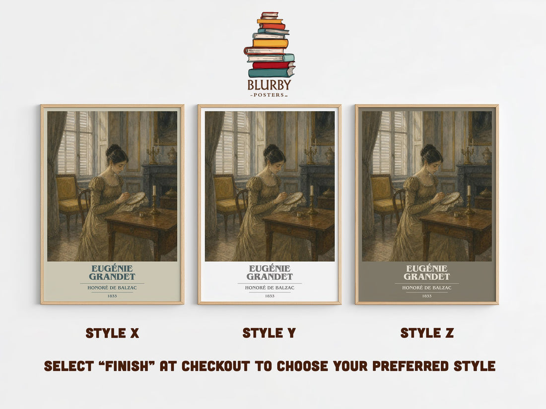 Eugénie Grandet book cover print in frame leaning in hallway – classic literature wall art (mockup)