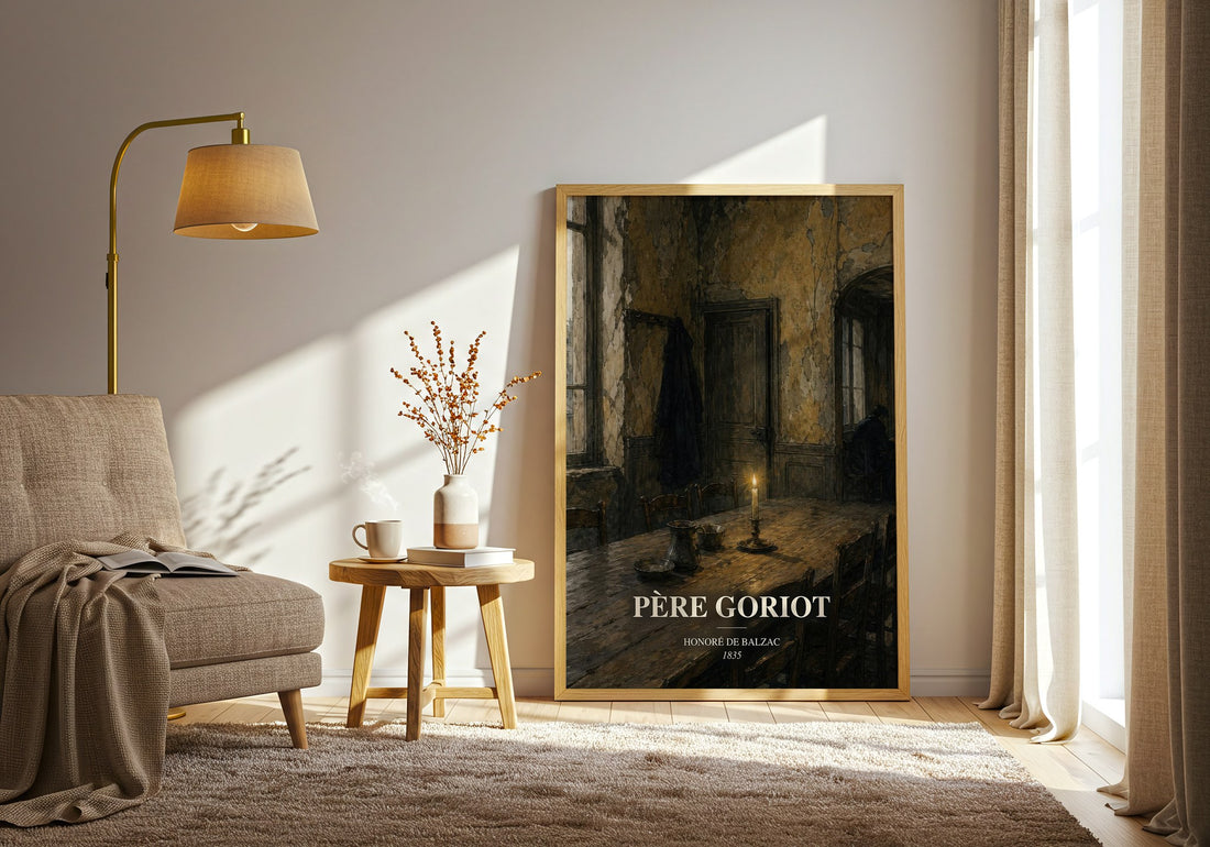 Père Goriot watercolour print in frame leaning in hallway – classic literature wall art (mockup)