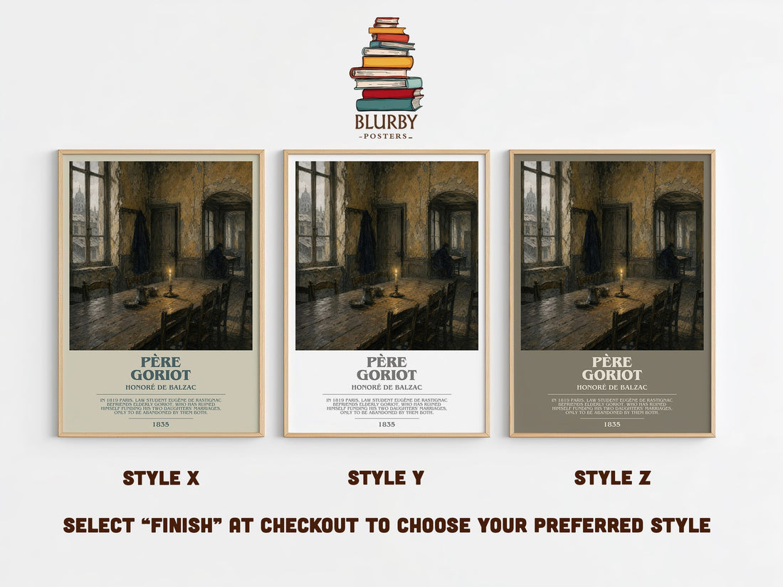 Père Goriot bookish print in frame leaning in hallway – classic literature wall art (mockup)