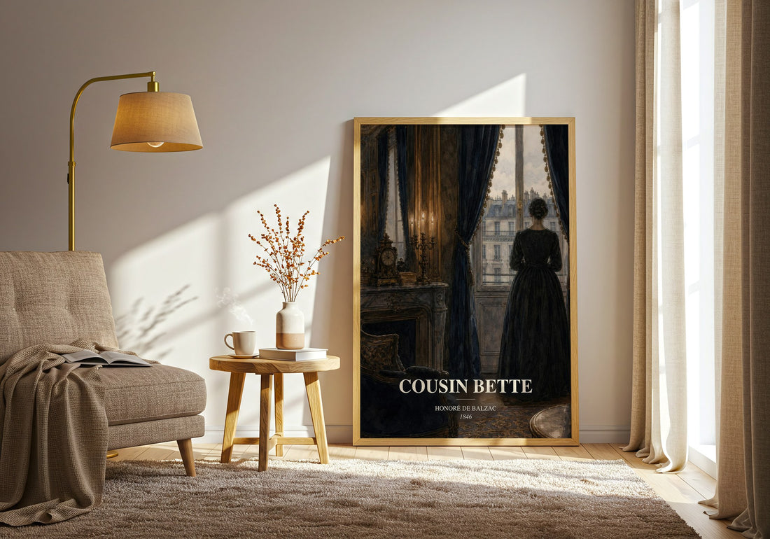 Cousin Bette watercolour print in frame leaning in hallway – classic literature wall art (mockup)