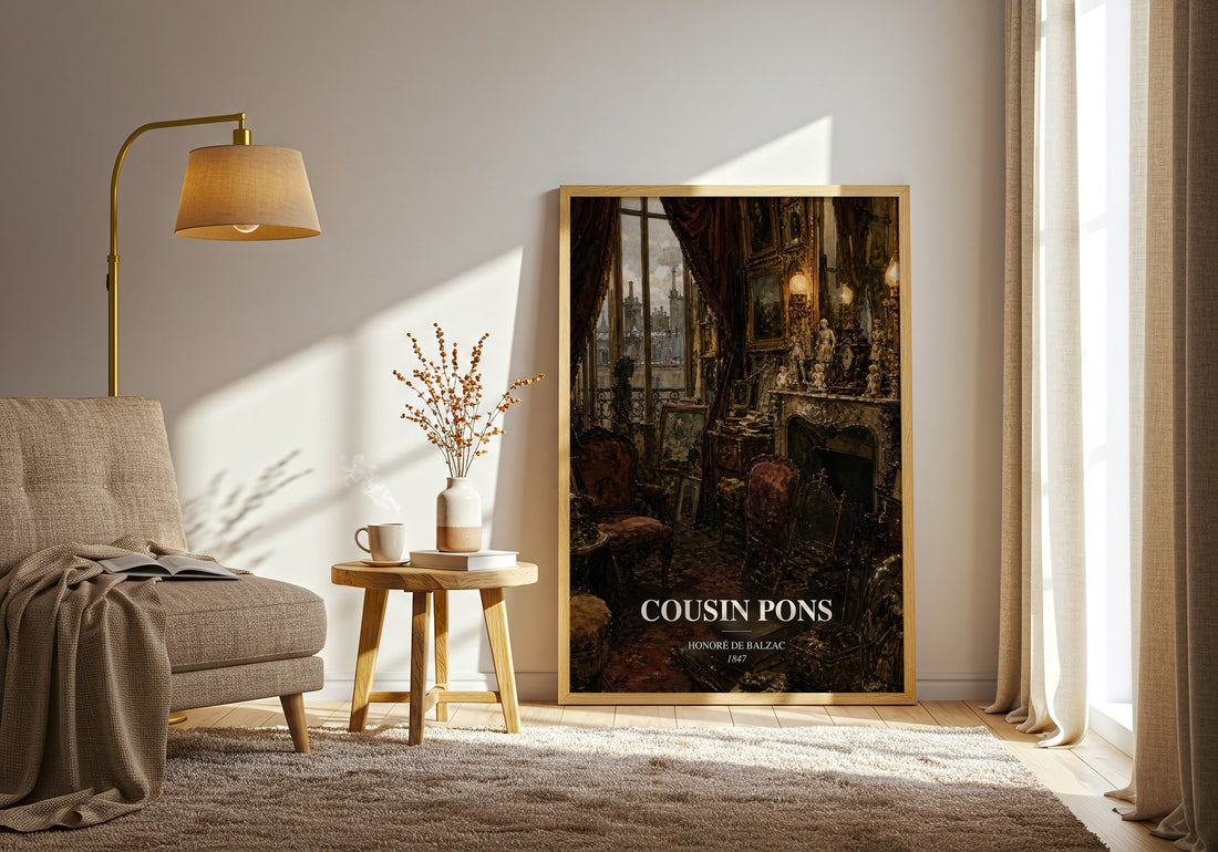 Cousin Pons watercolour print in frame leaning in hallway – classic literature wall art (mockup)