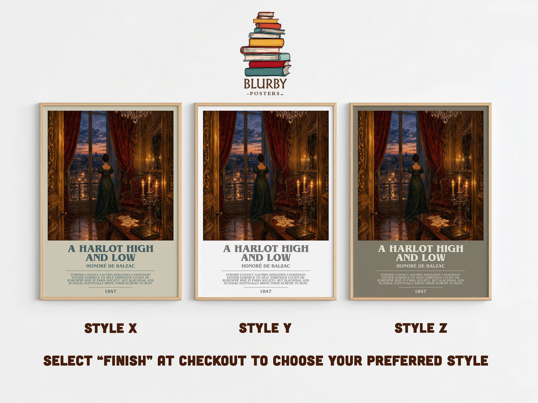 A Harlot High and Low bookish print in frame leaning in hallway – classic literature wall art (mockup)