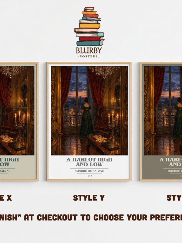 A Harlot High and Low book cover print in frame leaning in hallway – classic literature wall art
