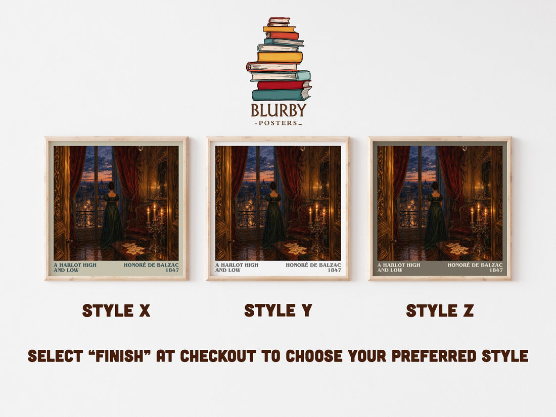 A Harlot High and Low literary print in frame leaning in hallway – classic literature wall art (mockup)