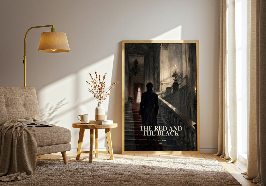 The Red and the Black watercolour print in frame leaning in hallway – classic literature wall art (mockup)
