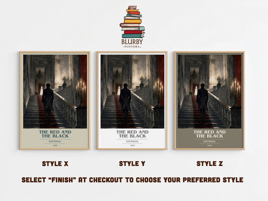 The Red and the Black book cover print in frame leaning in hallway – classic literature wall art (mockup)