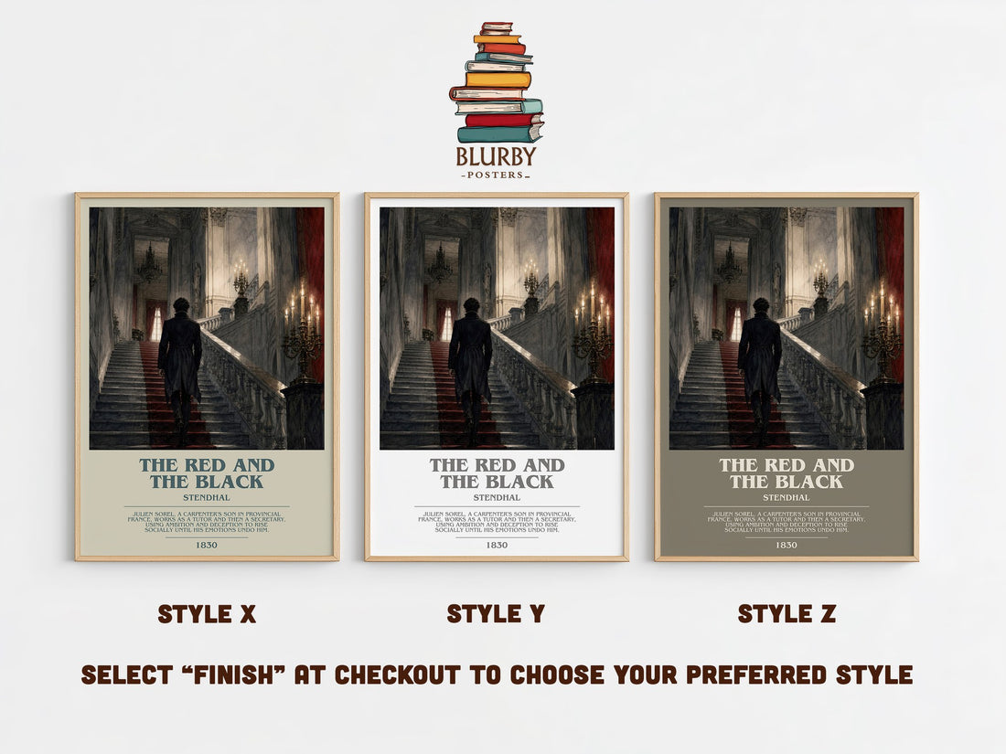 The Red and the Black bookish print in frame leaning in hallway – classic literature wall art (mockup)