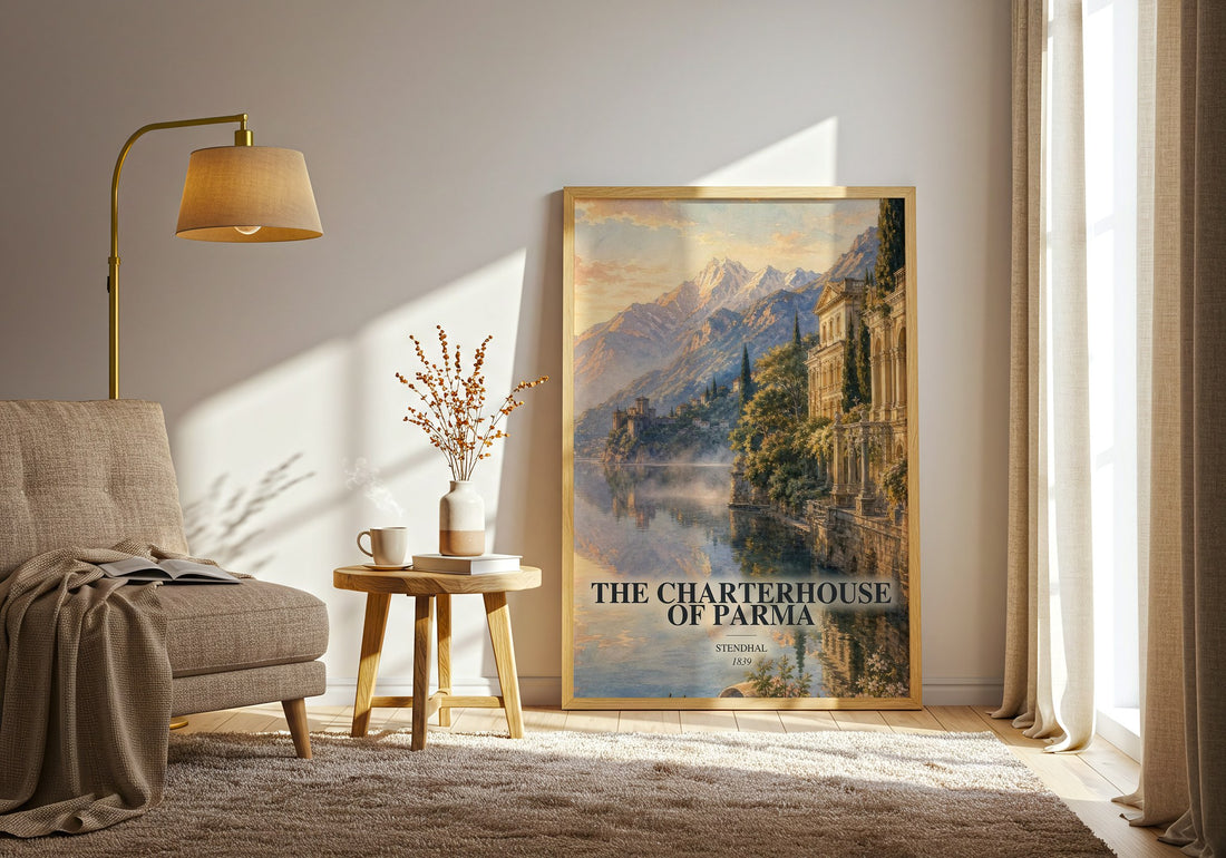 The Charterhouse of Parma watercolour print in frame leaning in hallway – classic literature wall art (mockup)