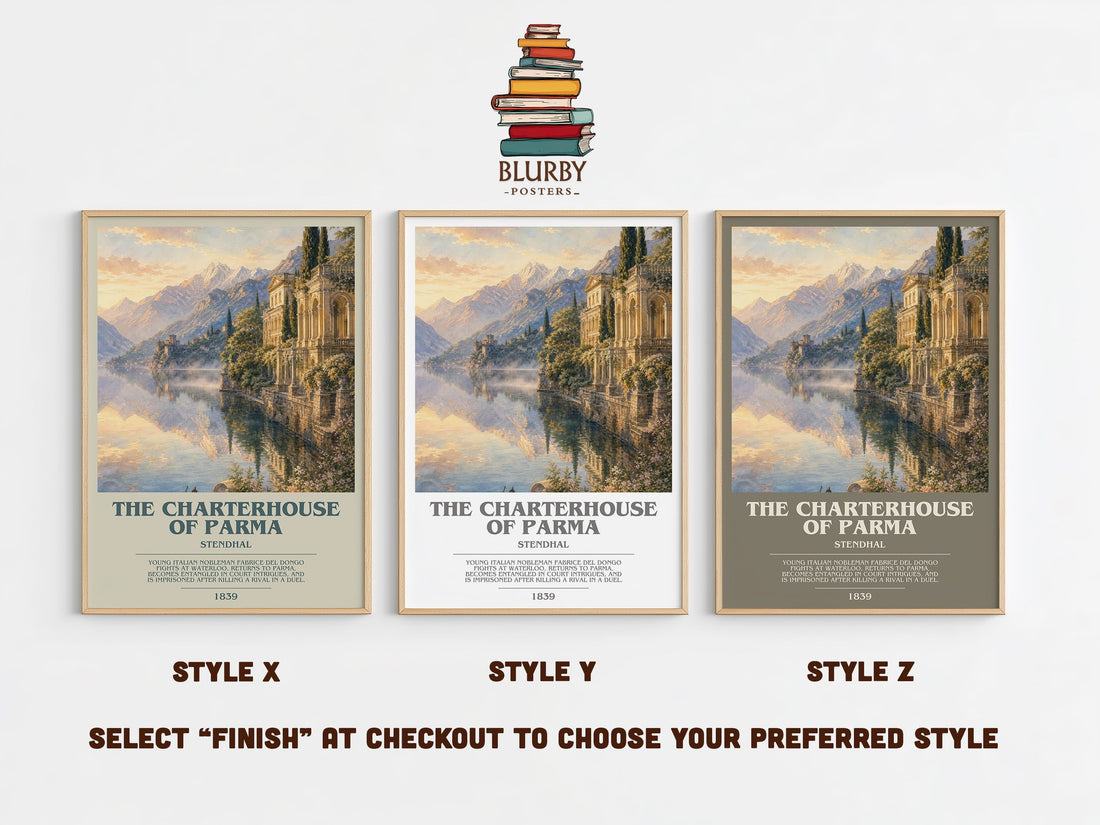 The Charterhouse of Parma bookish print in frame leaning in hallway – classic literature wall art (mockup)