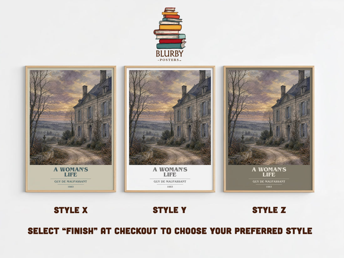 A Woman's Life book cover print in frame leaning in hallway – literary fiction wall art (mockup)