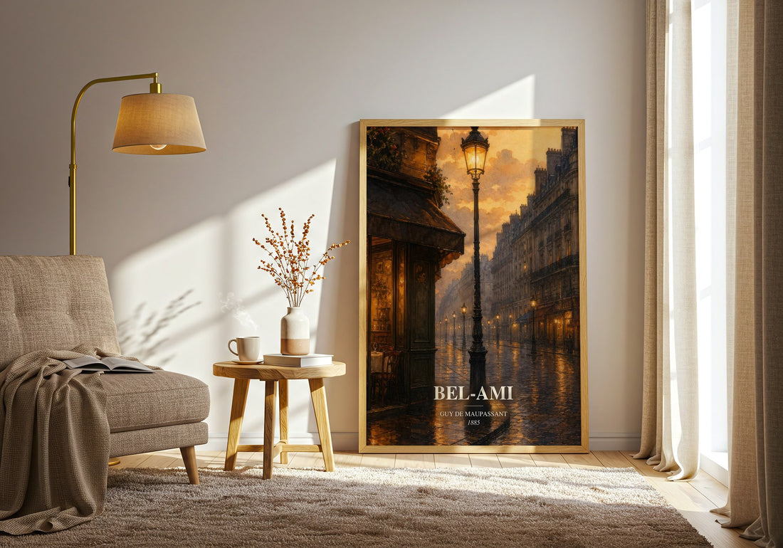 Bel-Ami watercolour print in frame leaning in hallway – literary fiction wall art (mockup)