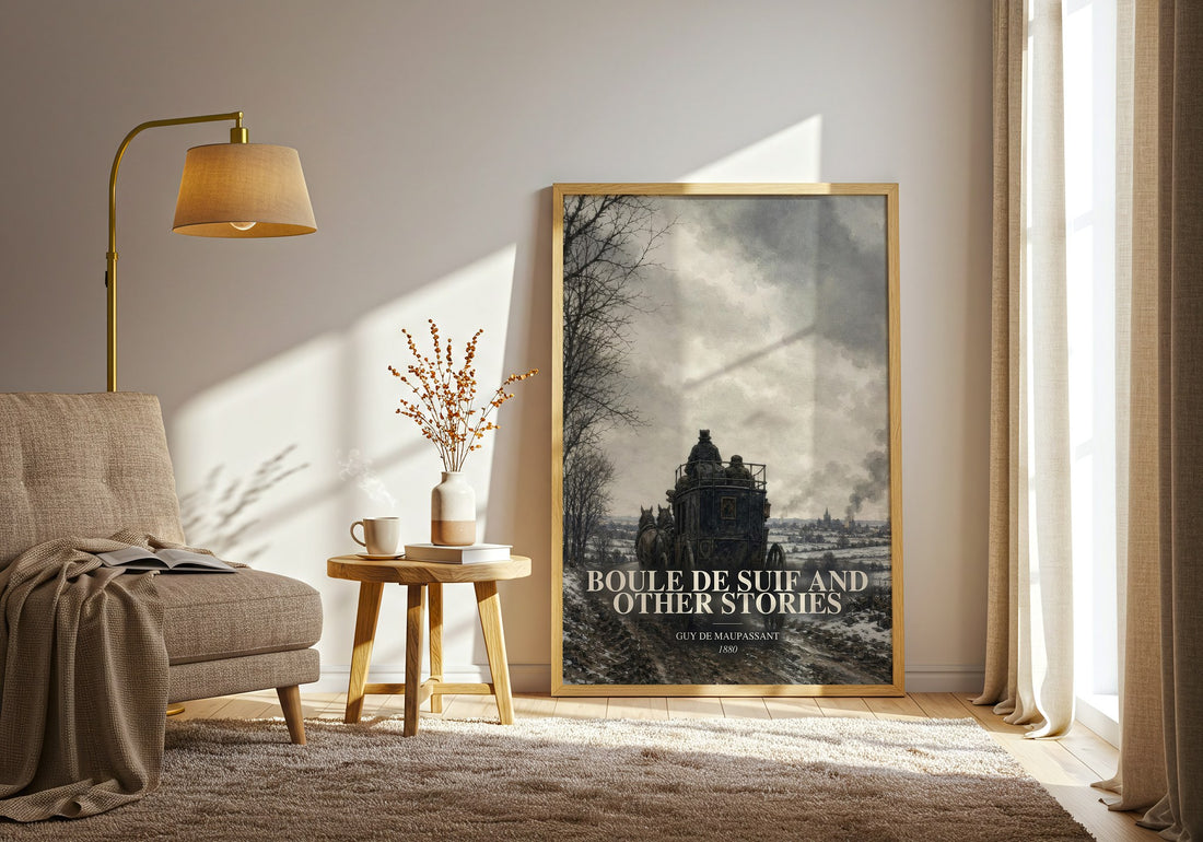 Boule de Suif and Other Stories watercolour print in frame leaning in hallway – classic literature wall art (mockup)