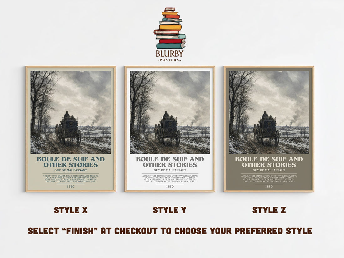Boule de Suif and Other Stories bookish print in frame leaning in hallway – classic literature wall art (mockup)