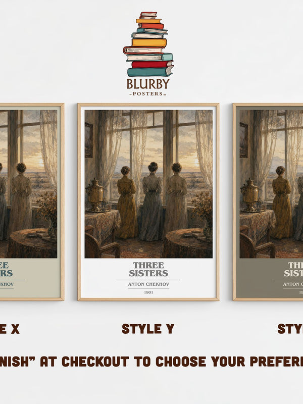 Three Sisters book cover print in frame leaning in hallway – classic literature wall art