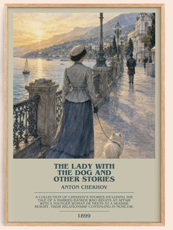 The Lady with the Dog and Other Stories bookish book poster by Anton Chekhov – framed literary art print