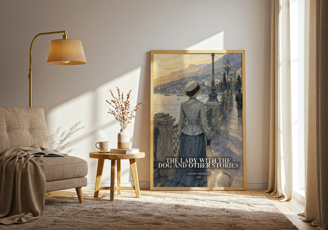 The Lady with the Dog and Other Stories watercolour print in frame leaning in hallway – literary fiction wall art (mockup)