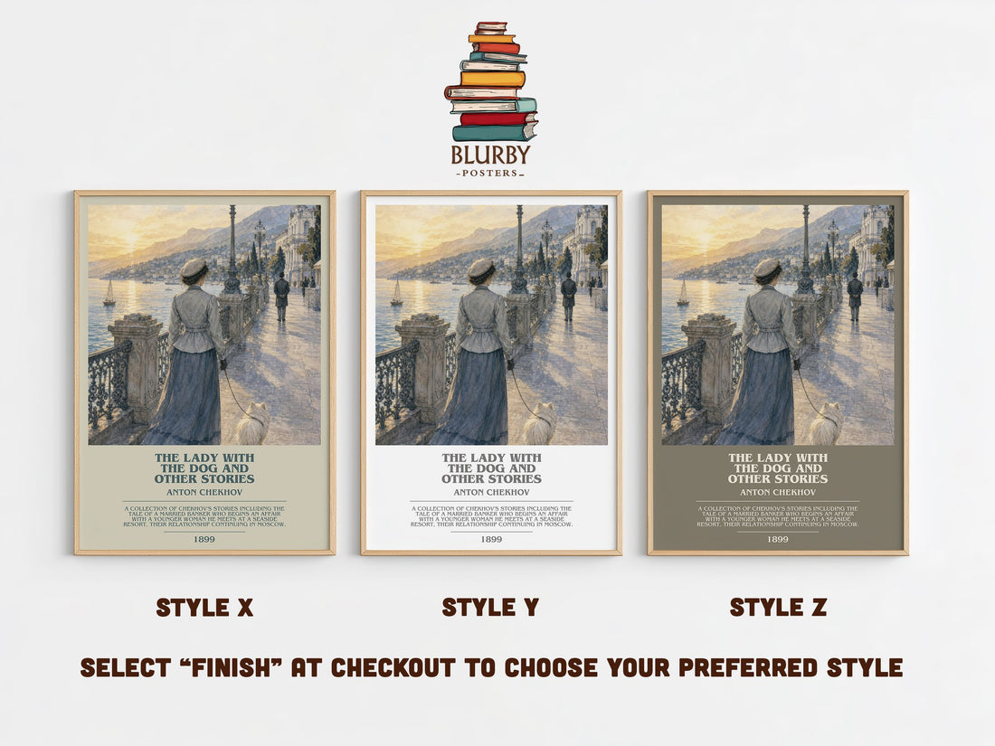 The Lady with the Dog and Other Stories bookish print in frame leaning in hallway – literary fiction wall art (mockup)