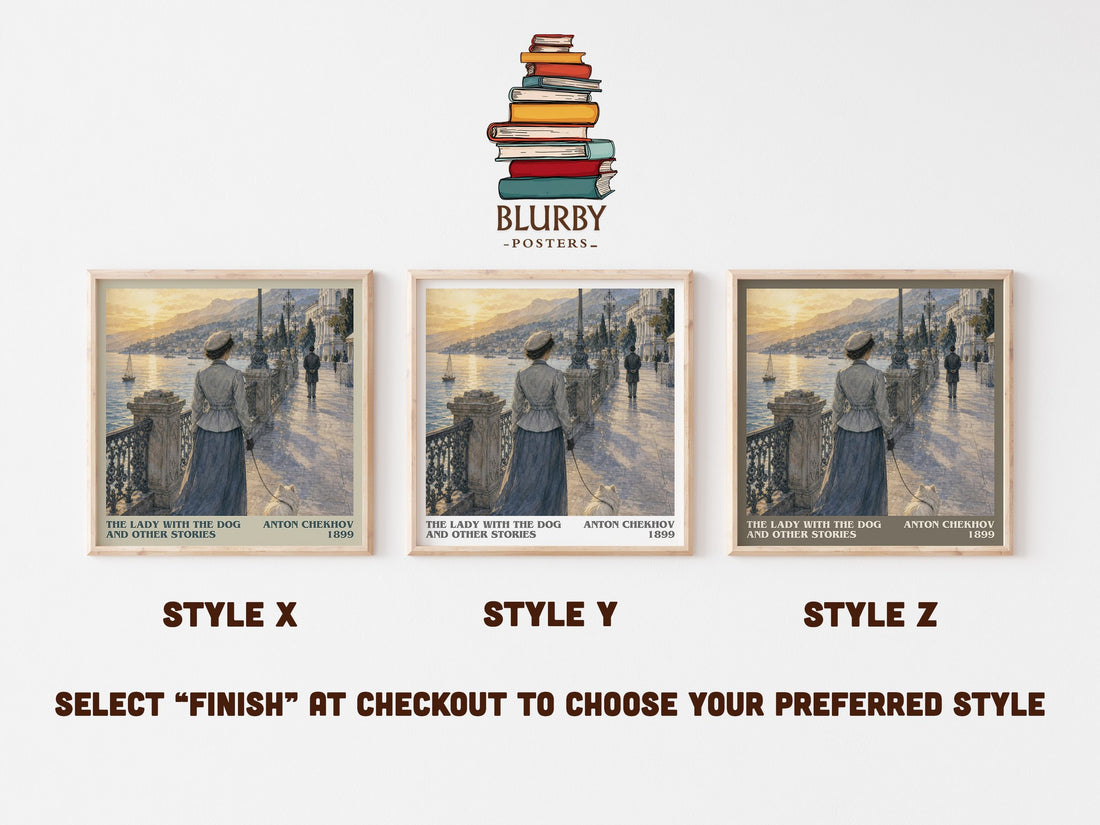 The Lady with the Dog and Other Stories literary print in frame leaning in hallway – literary fiction wall art (mockup)