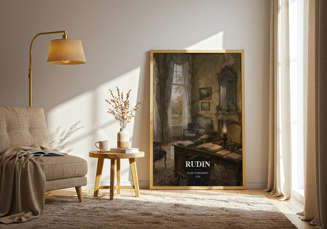 Rudin watercolour print in frame leaning in hallway – classic literature wall art (mockup)
