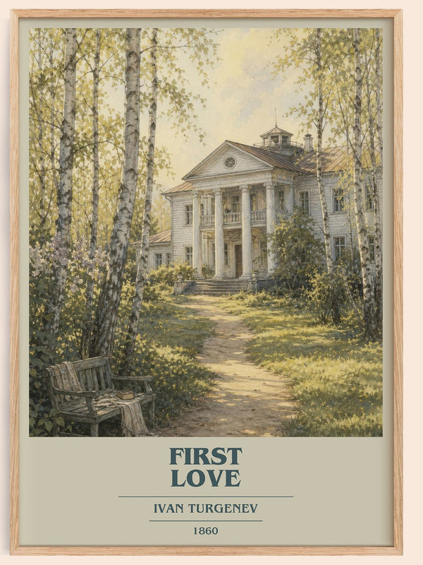 First Love book cover book poster by Ivan Turgenev – framed literary art print