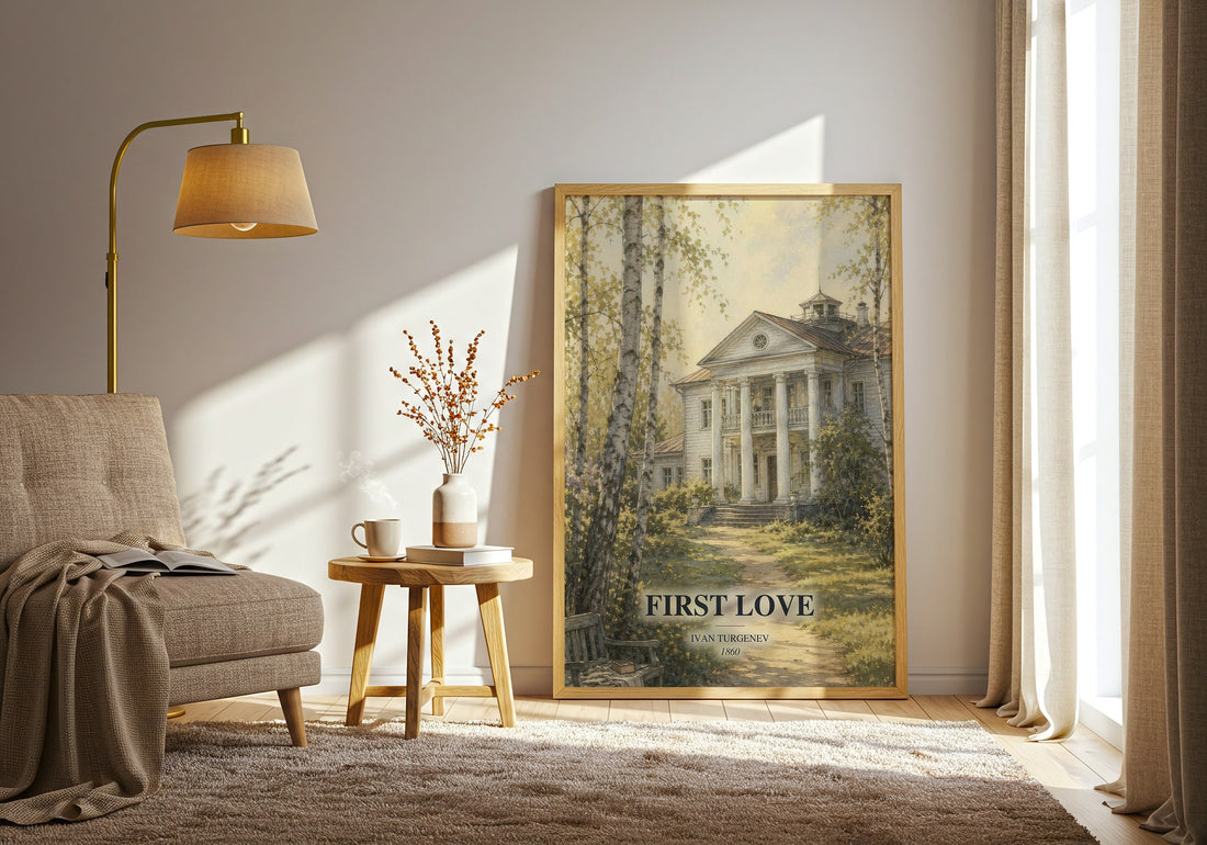 First Love watercolour print in frame leaning in hallway – classic literature wall art (mockup)