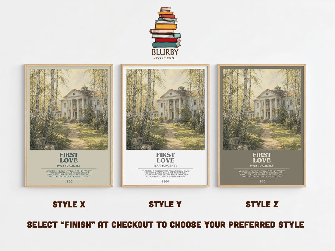 First Love bookish print in frame leaning in hallway – classic literature wall art (mockup)